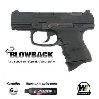 Пистолет страйкбольный WE Walther P99 Compact GBB (Green Gas) кал.6мм WE-PX002-BK - фото 1357044