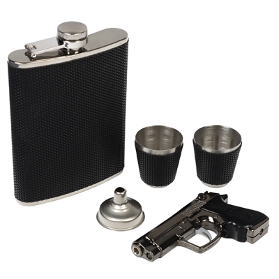 Набор фляжка 0,240мл. Зажигалка пистолет + 2 стопки (золото) 7450101 - фото 1360364